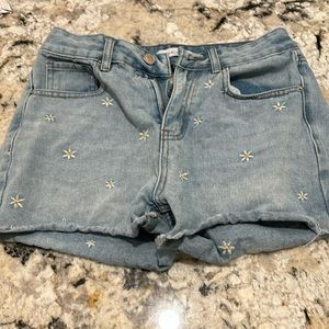 Khaki+blue sunflower light washed shorts sized medium barley worn